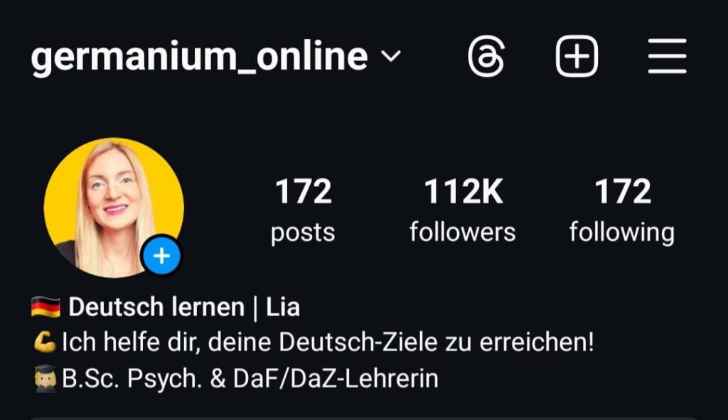 Instagram-Profil von Germanium Online zeigt 112K Follower, Profilbild von Lia und Beschreibung ihrer Deutschlehrdienste