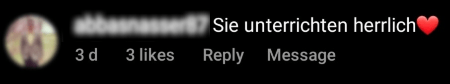 Instagram-Kommentar lobt den Unterrichtsstil von Germanium Online mit Herz-Emoji