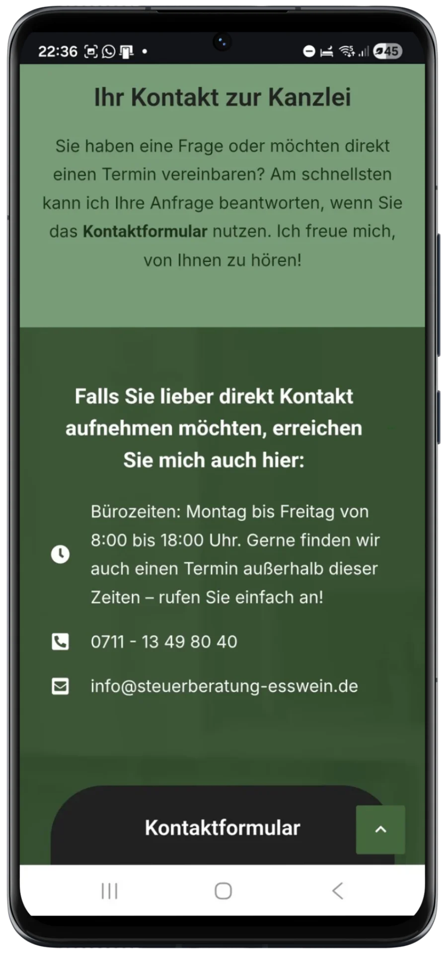Kontaktbereich einer modernen Unternehmenswebsite mit klar strukturierten Kontaktinformationen und handlungsorientiertem Button.