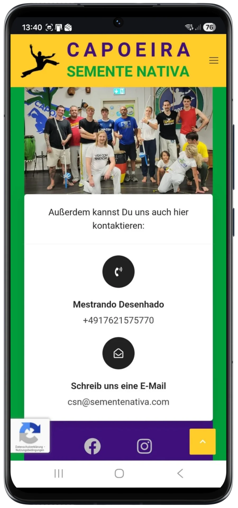 Kontaktbereich einer modernen Kurswebsite mit Trainervorstellung, direkter Kontaktoption und Gruppenfoto für Community Darstellung und Kursanfragen.