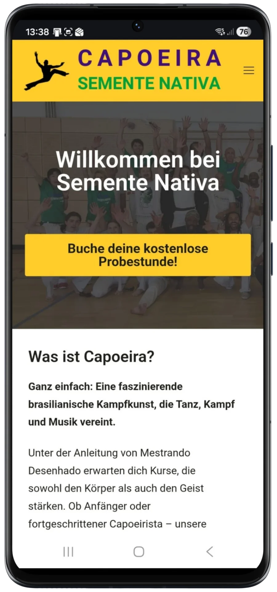 Startseite einer Trainings- und Bewegungskurs Website mit großem Hero Bild, klarer Willkommensbotschaft und auffälligem Call to Action für Probestunden.