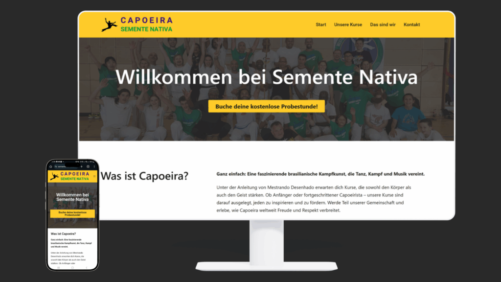 Responsives Webdesign für die Capoeira-Website Semente Nativa mit Call-to-Action und emotionalem Hero-Bild auf Desktop und Smartphone