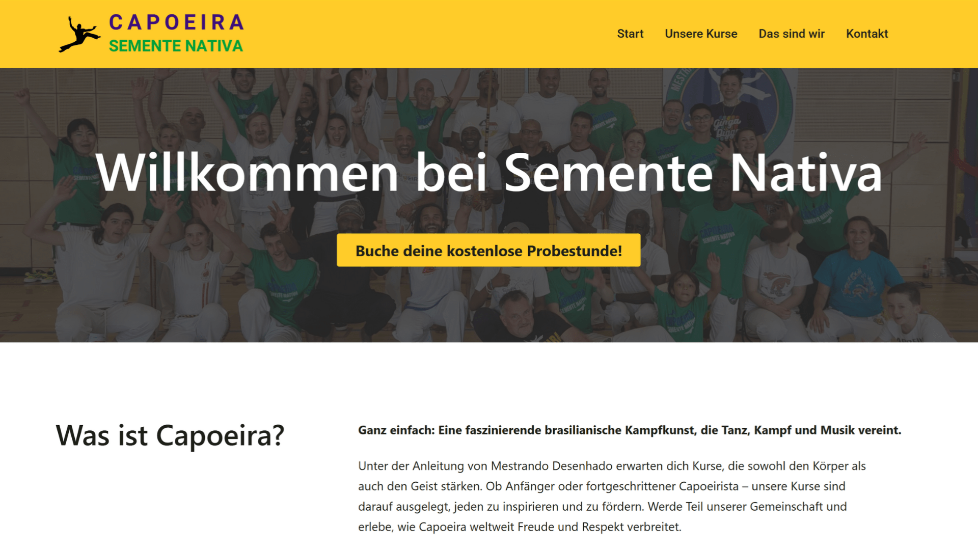 Begrüßung der Capoeira-Gruppe mit Call-to-Action zur kostenlosen Probestunde auf der Website von Semente Nativa