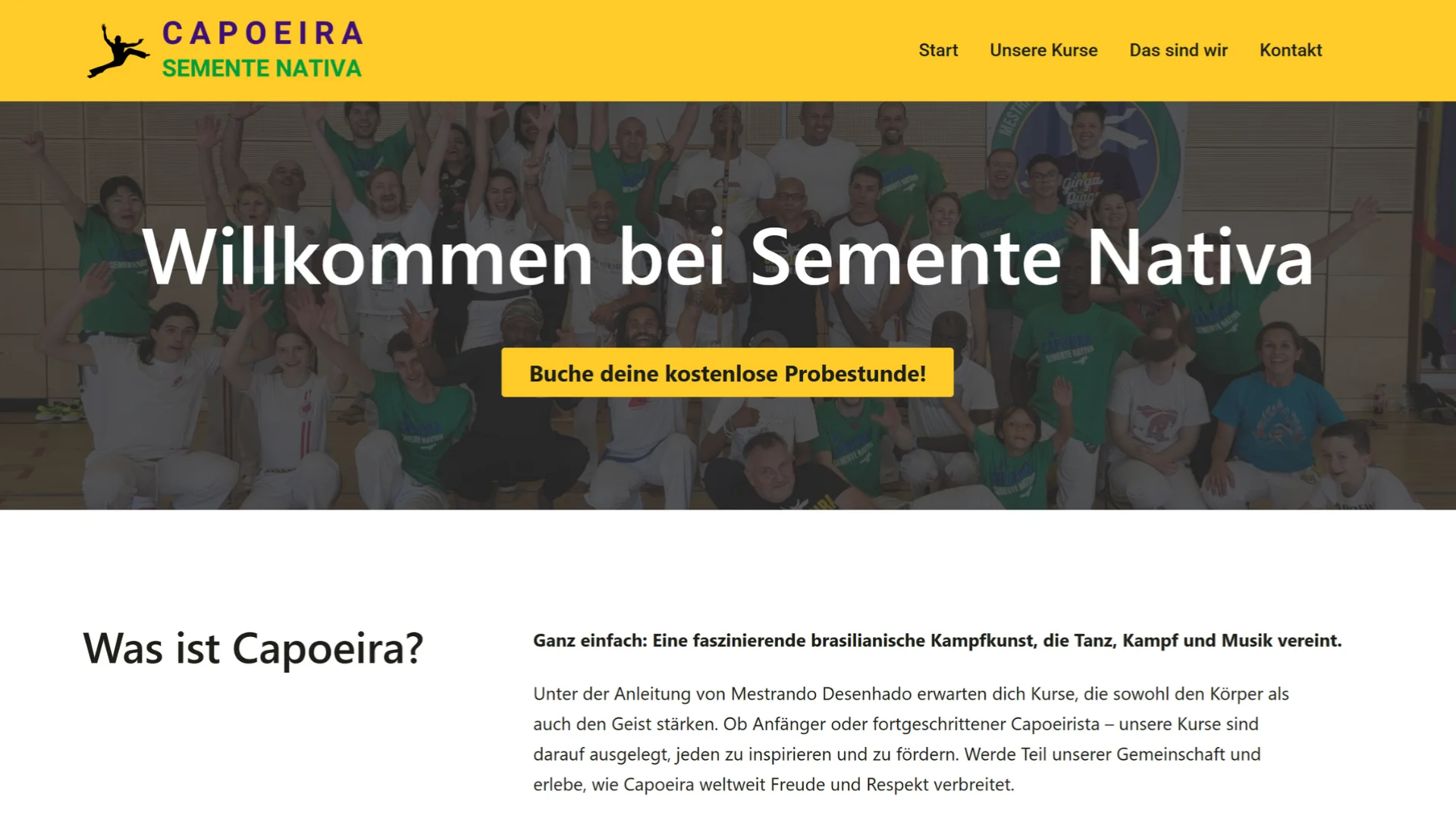Startseite einer modernen Kurswebsite mit großem Hero Bild, klarer Überschrift und zentralem Call to Action für Probetrainings.