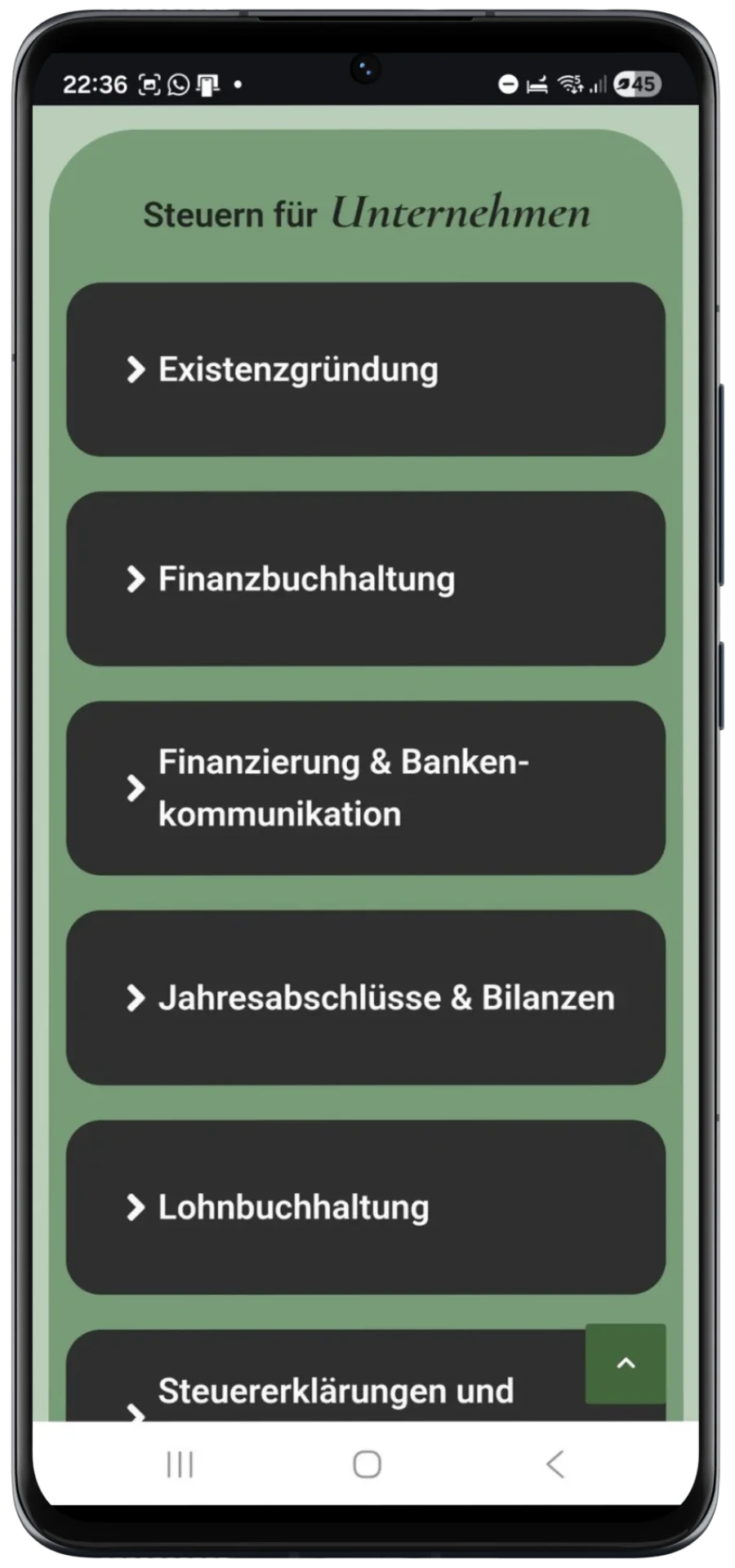 Strukturierter Leistungsbereich für Unternehmensservices mit aufklappbaren Informationsboxen zur besseren Nutzerführung.
