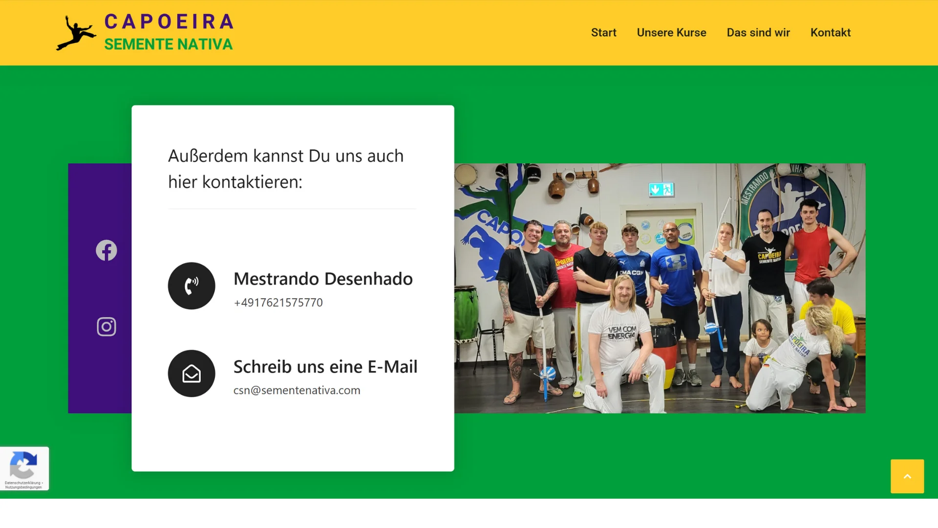 Kontaktsektion einer Kurswebsite mit direkter Kontaktmöglichkeit, Trainerinformationen und großem Gruppenbild für Community Darstellung.