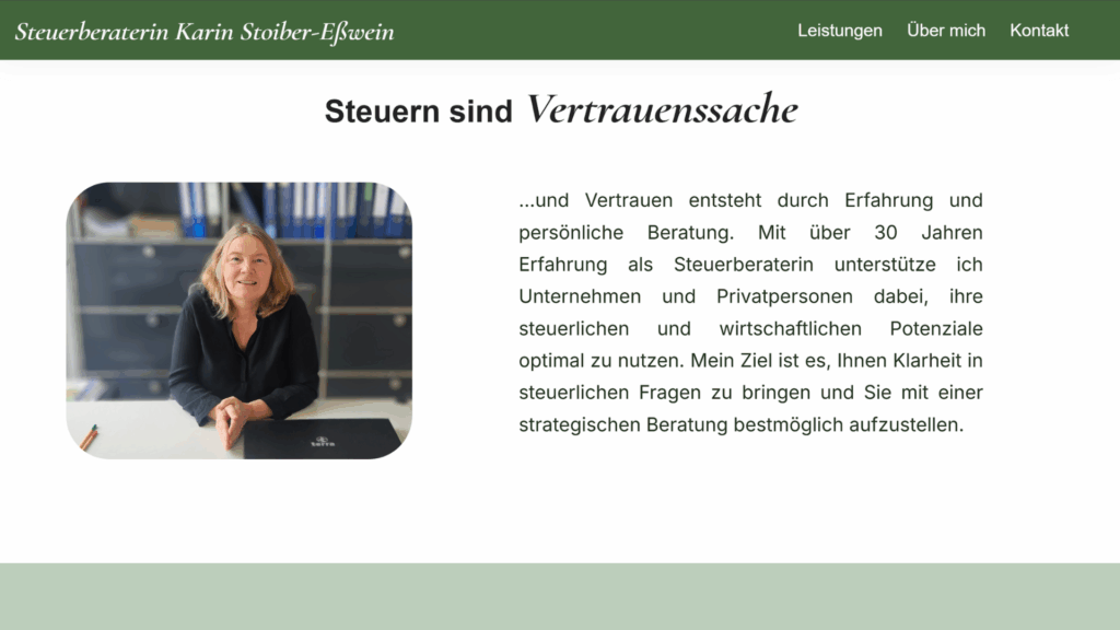 Header der Kanzlei-Website mit Claim „Steuern sind Vertrauenssache“