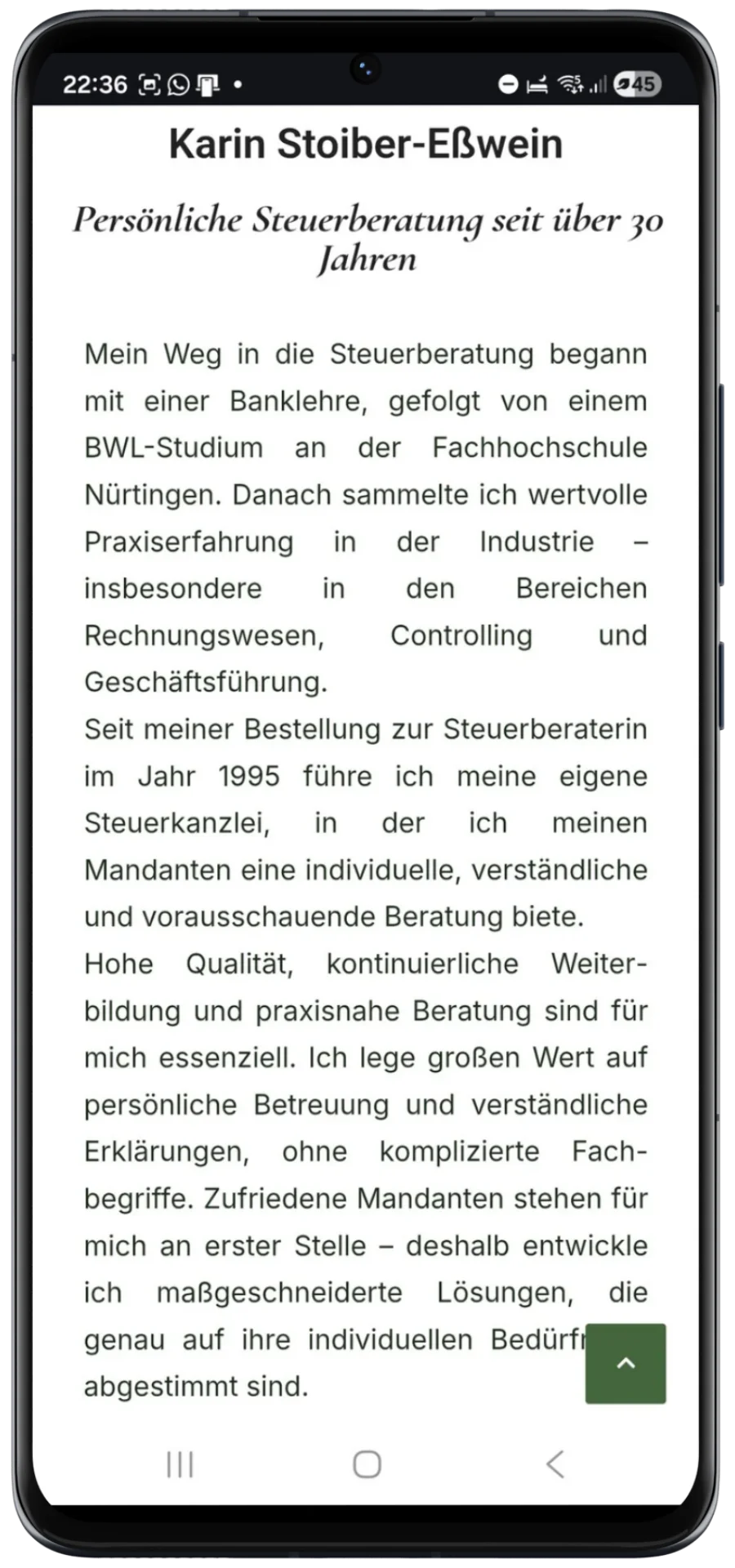 Biografischer Textabschnitt auf Unternehmenswebsite mit Fokus auf Erfahrung, Kompetenz und persönlicher Beratung.