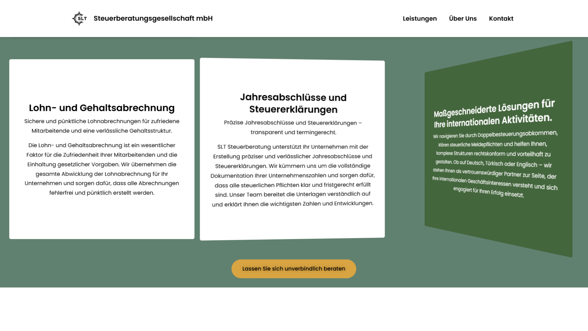 Darstellung von drei Leistungsbereichen auf einer individuell gestalteten Website: Lohnabrechnung, Steuererklärungen und internationale Beratung