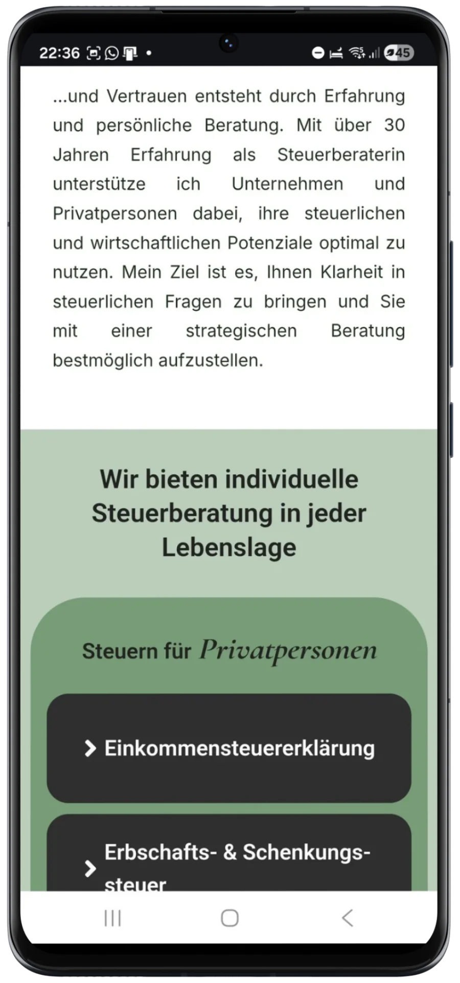 Informationsabschnitt über individuelle Beratung, Erfahrung und strategische Unterstützung für verschiedene Zielgruppen.