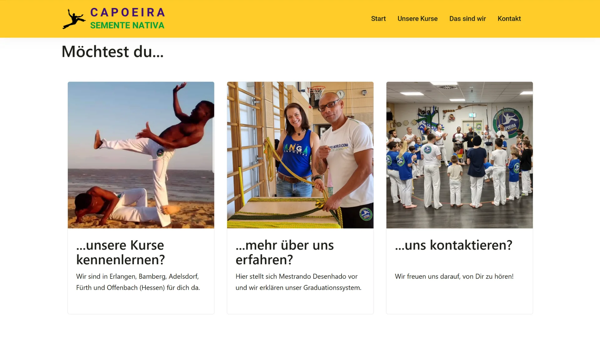 Teaserkarten einer Kurswebsite mit visuellen Einblicken in Training, Teamvorstellung und Kontaktaufnahme.