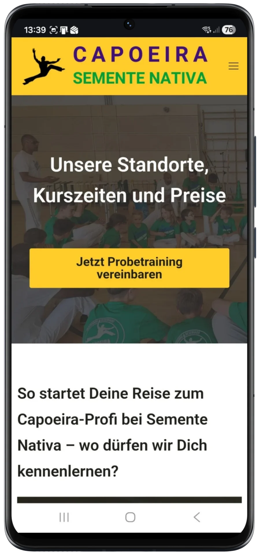 Mobile Headersektion mit Call-to-Action für Probetermine und anschließendem Überblick zu Kursorten und Trainingsstart.