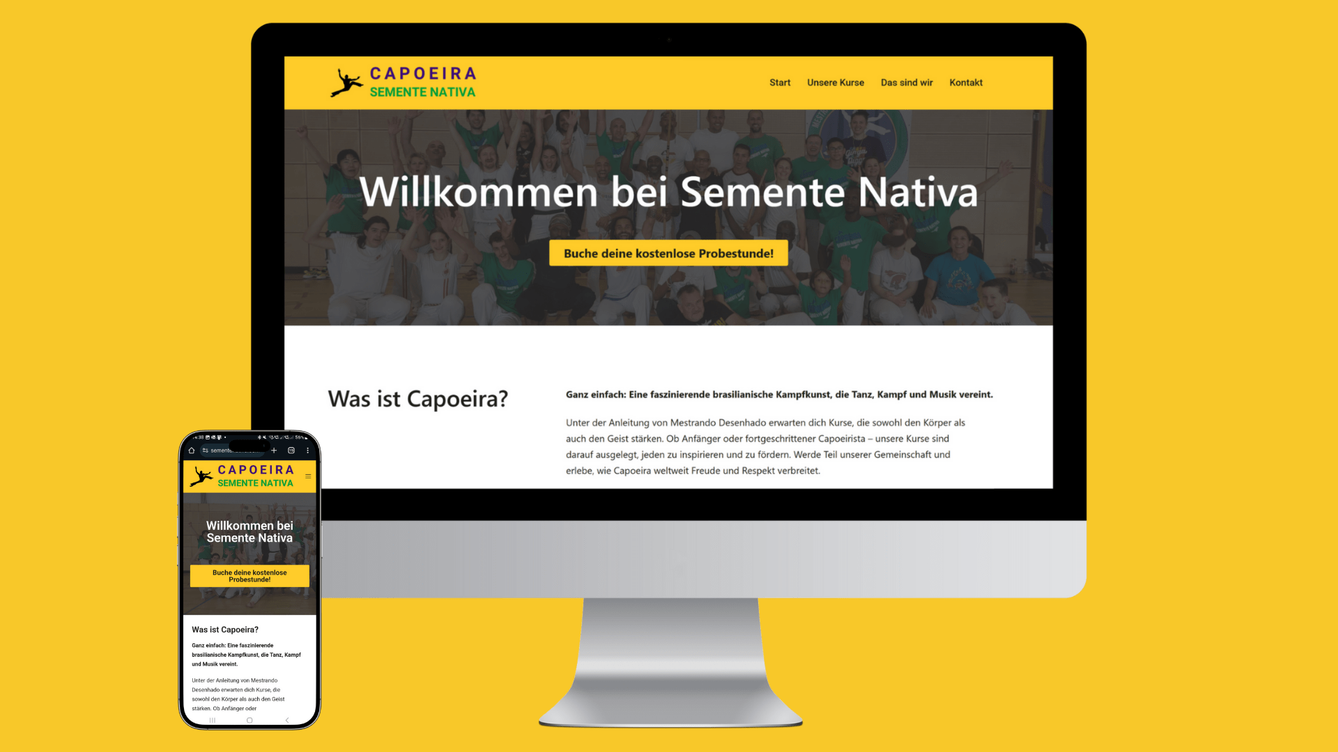 Mobile- und Desktop-Ansicht der Startseite der Capoeira-Website „Semente Nativa“ mit Call-to-Action und responsivem Webdesign