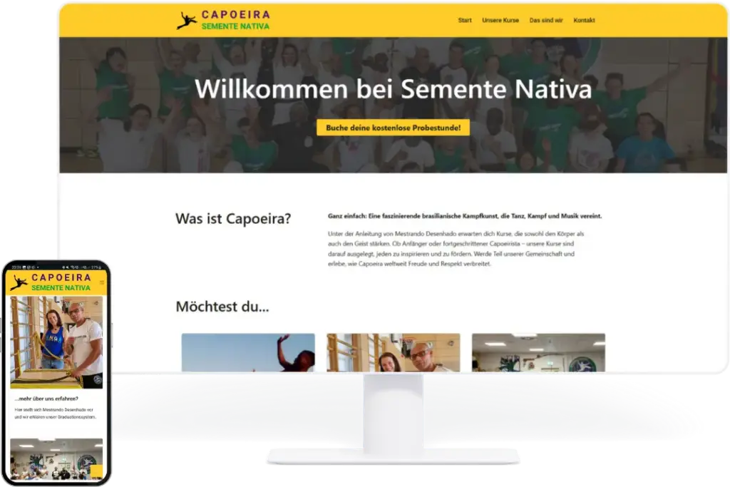 Modernes Webdesign Mockup für ein sport- und gemeinschaftsorientiertes Kursangebot mit mobiloptimierter Darstellung.
