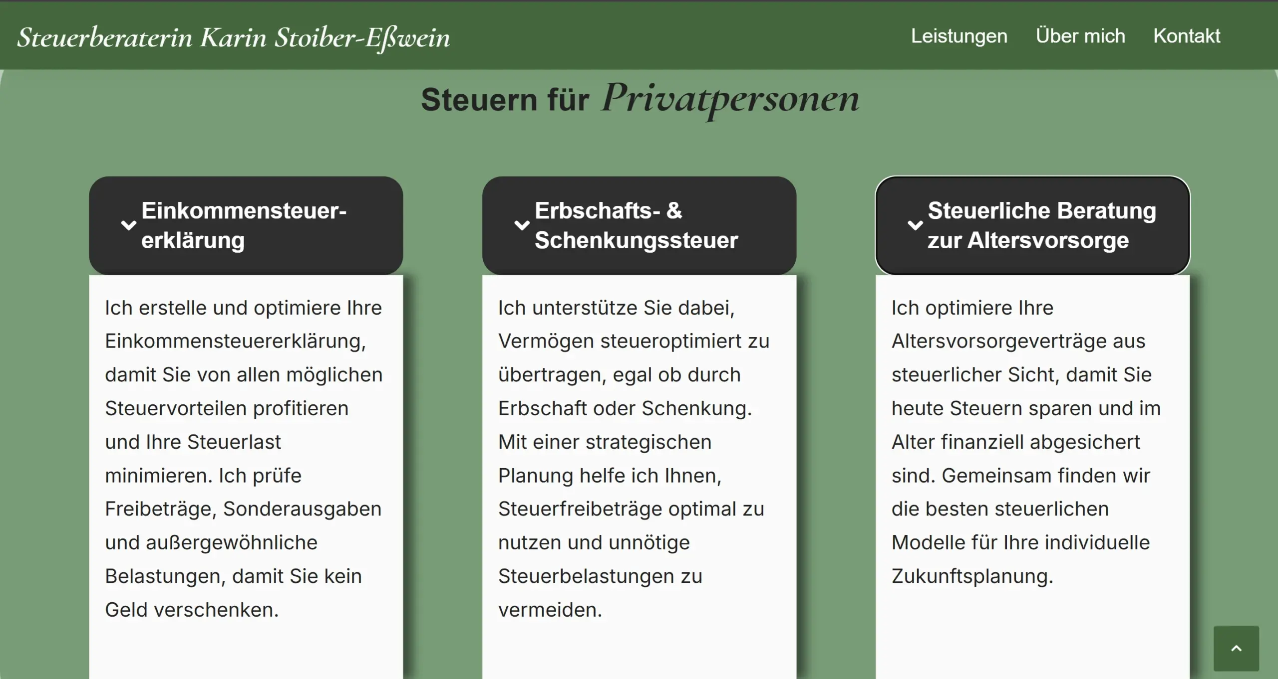Strukturierte Leistungsübersicht für PrivatkundInnen mit aufklappbaren Informationsmodulen.