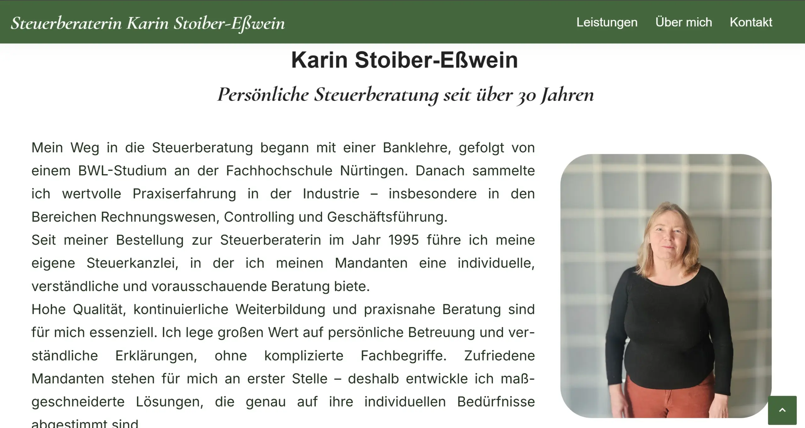 Detaillierte Profilbeschreibung mit beruflichem Hintergrund und Portraitfoto für Vertrauensaufbau.