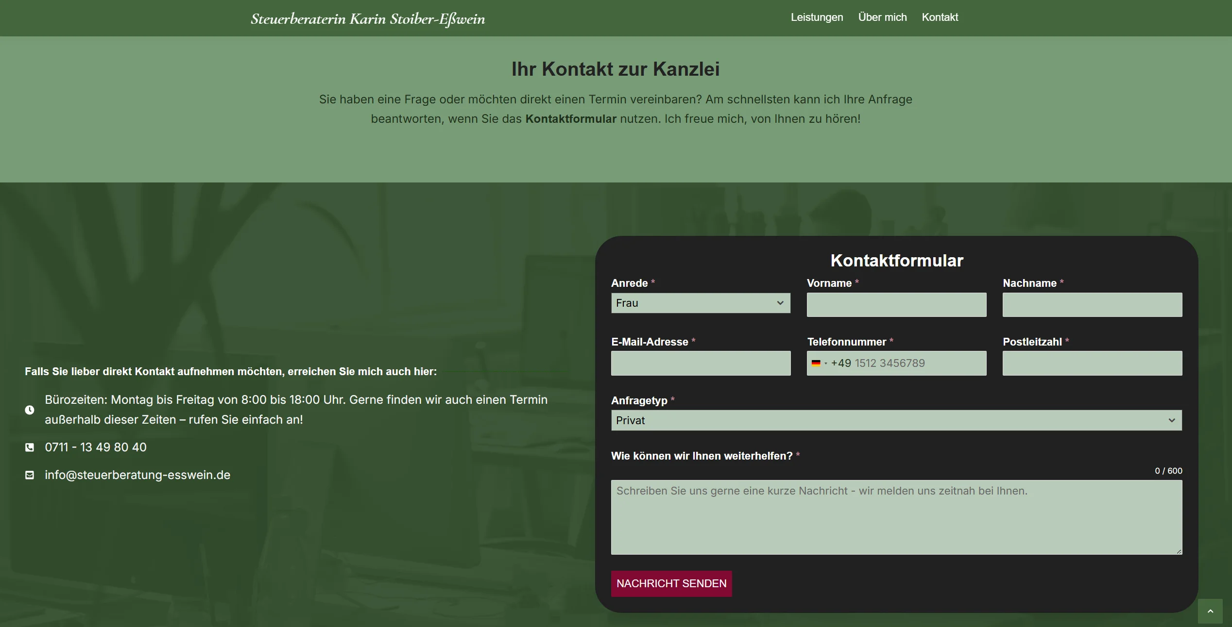 Kontaktseite mit übersichtlichem Formular und klar strukturierten Kontaktdaten für digitale Anfragen.