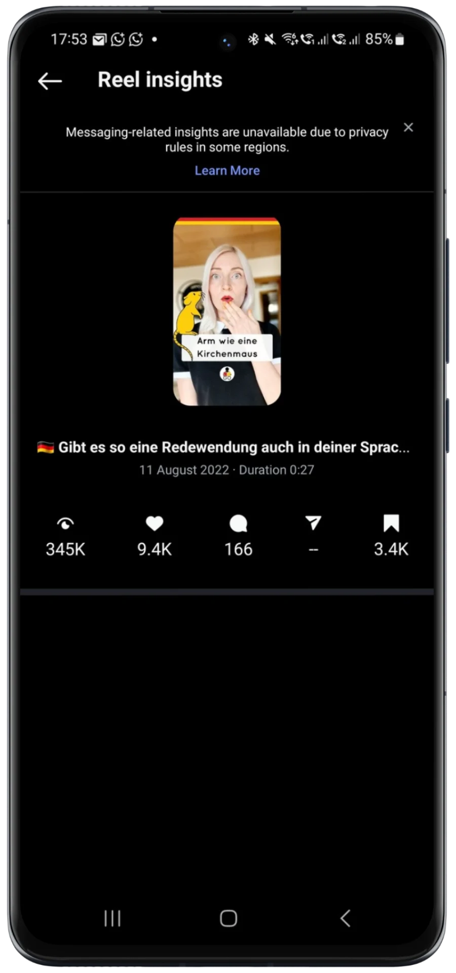 Reel Insights mit hoher Interaktionsrate zur Darstellung erfolgreicher Social Media Kampagnen.