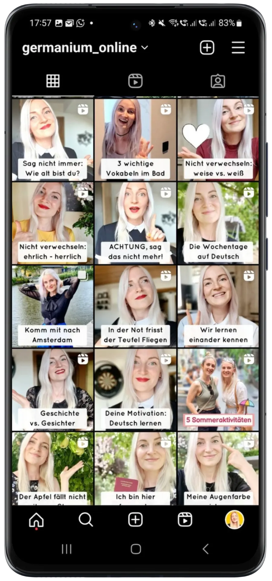 Instagram Rasteransicht mit vielfältigem Videocontent für digitale Bildungsformate und reichweitenstarke Kurzvideos.