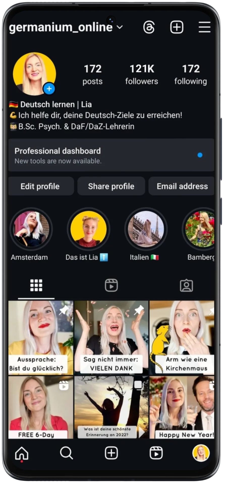 Instagram Profilübersicht mit edukativen Kurzvideos und visuellem Storytelling für Communityengagement.