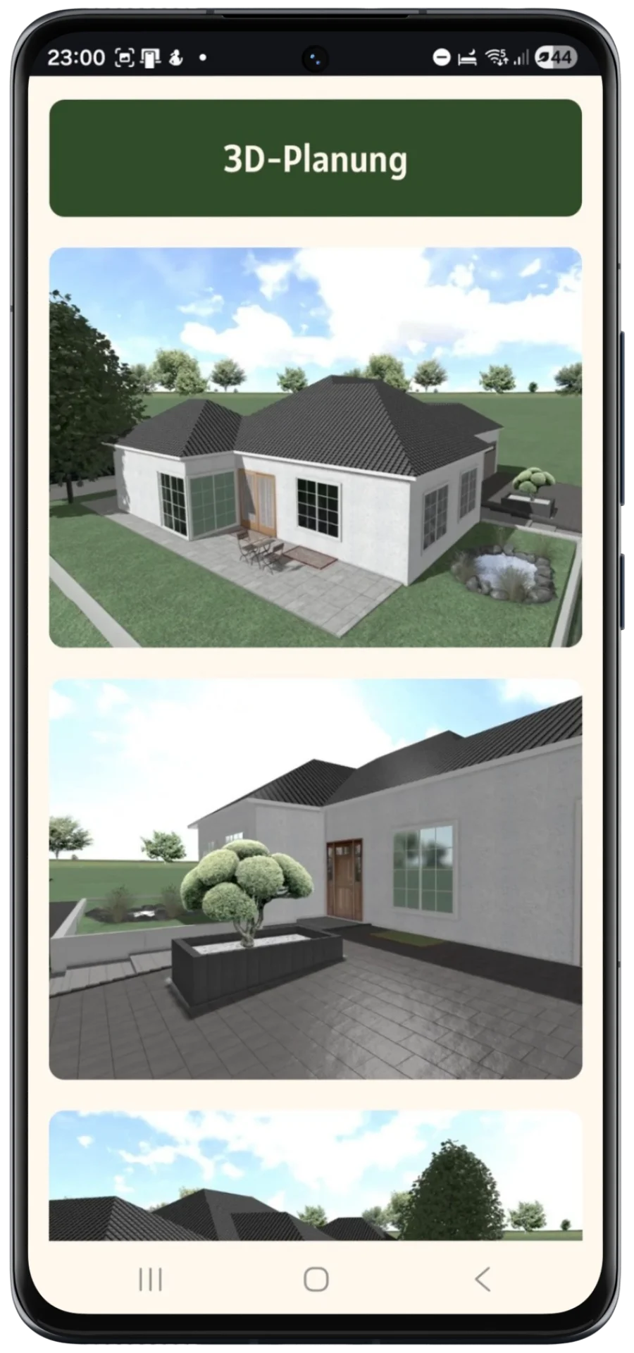 Mobile Darstellung einer 3D-Gartenplanung mit Hausvisualisierung und gestalteten Außenanlagen