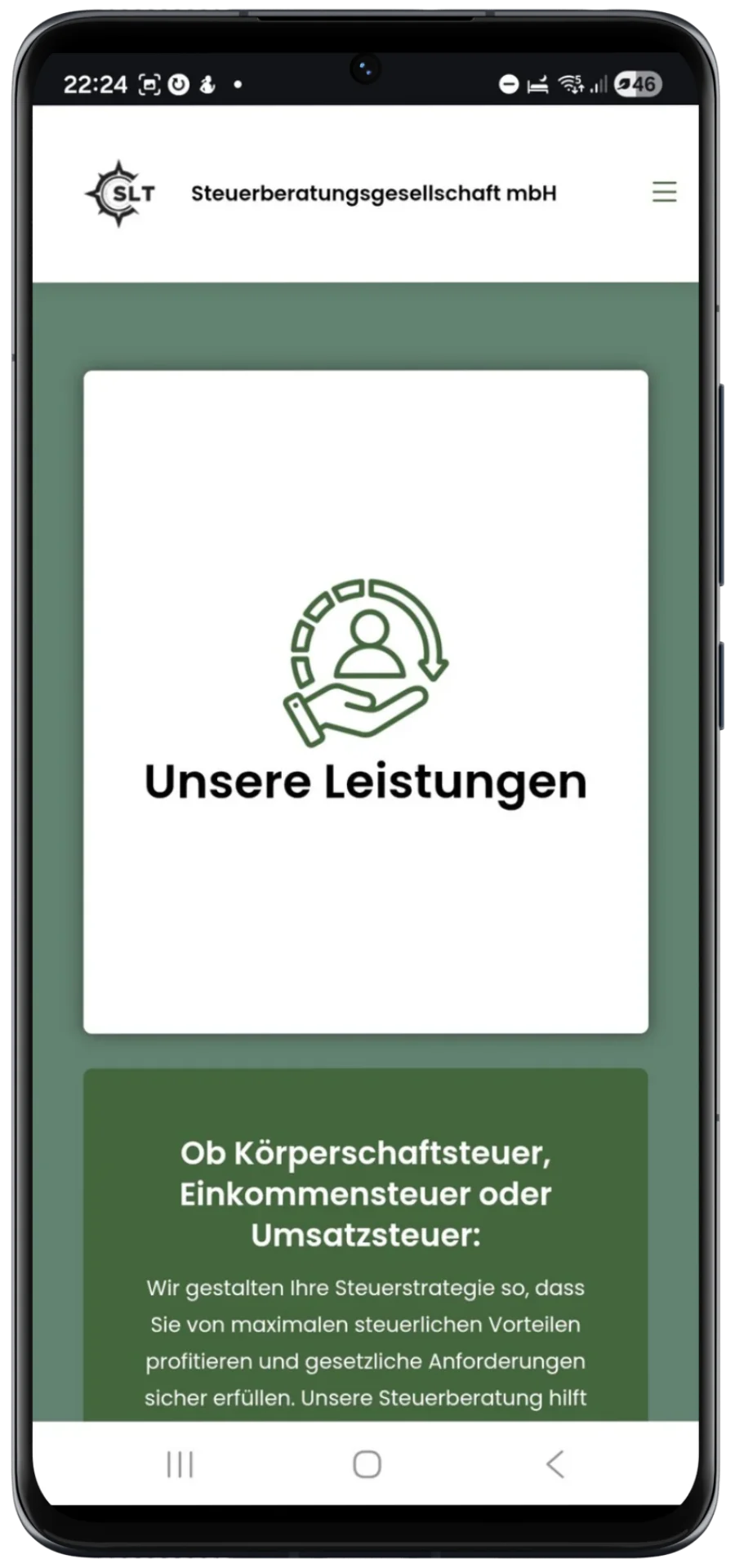 Übersicht der Leistungsbereiche auf einem mobiloptimierten Webdesign. Klar gestalteter Abschnitt mit Iconelement für moderne Unternehmenswebsites.