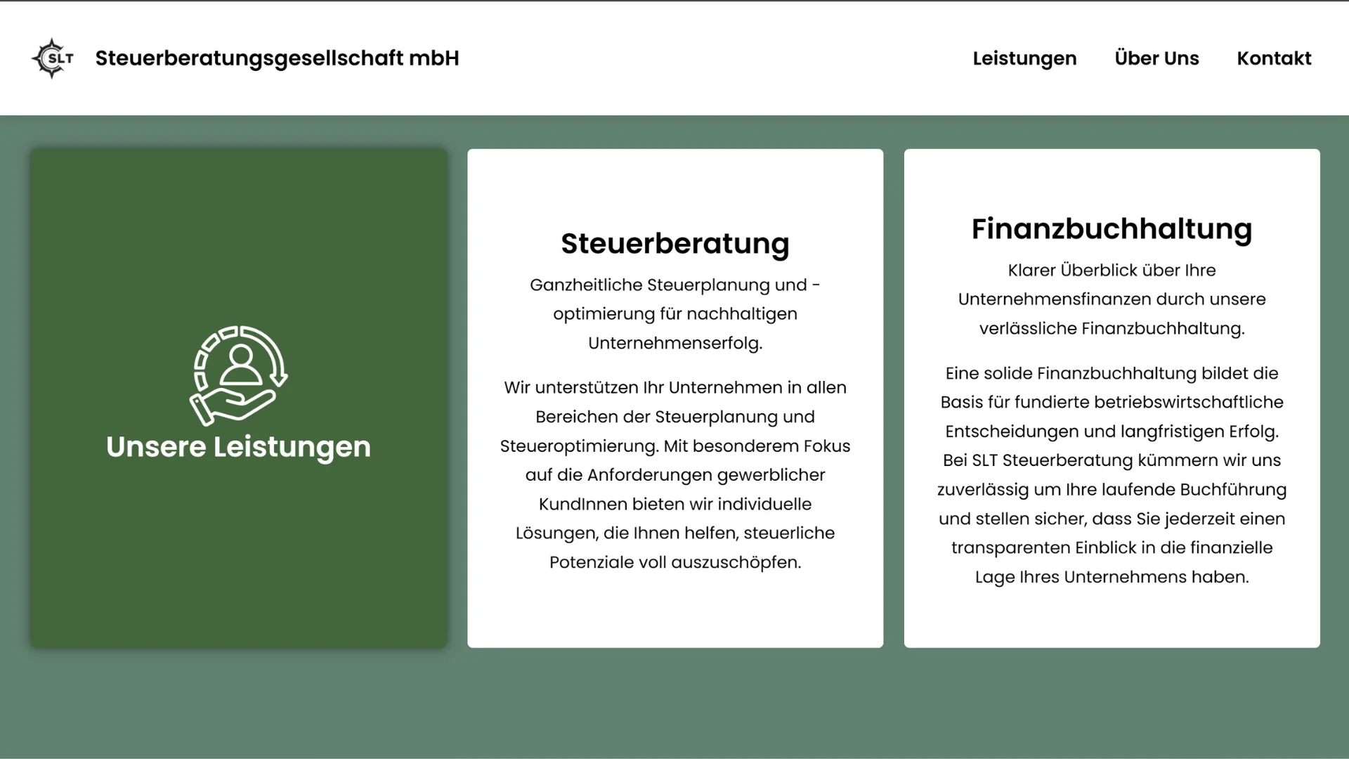 Strukturierte Leistungsübersicht auf Unternehmenswebsite mit Icongrafik und klarer Informationsaufbereitung für KundInnen.