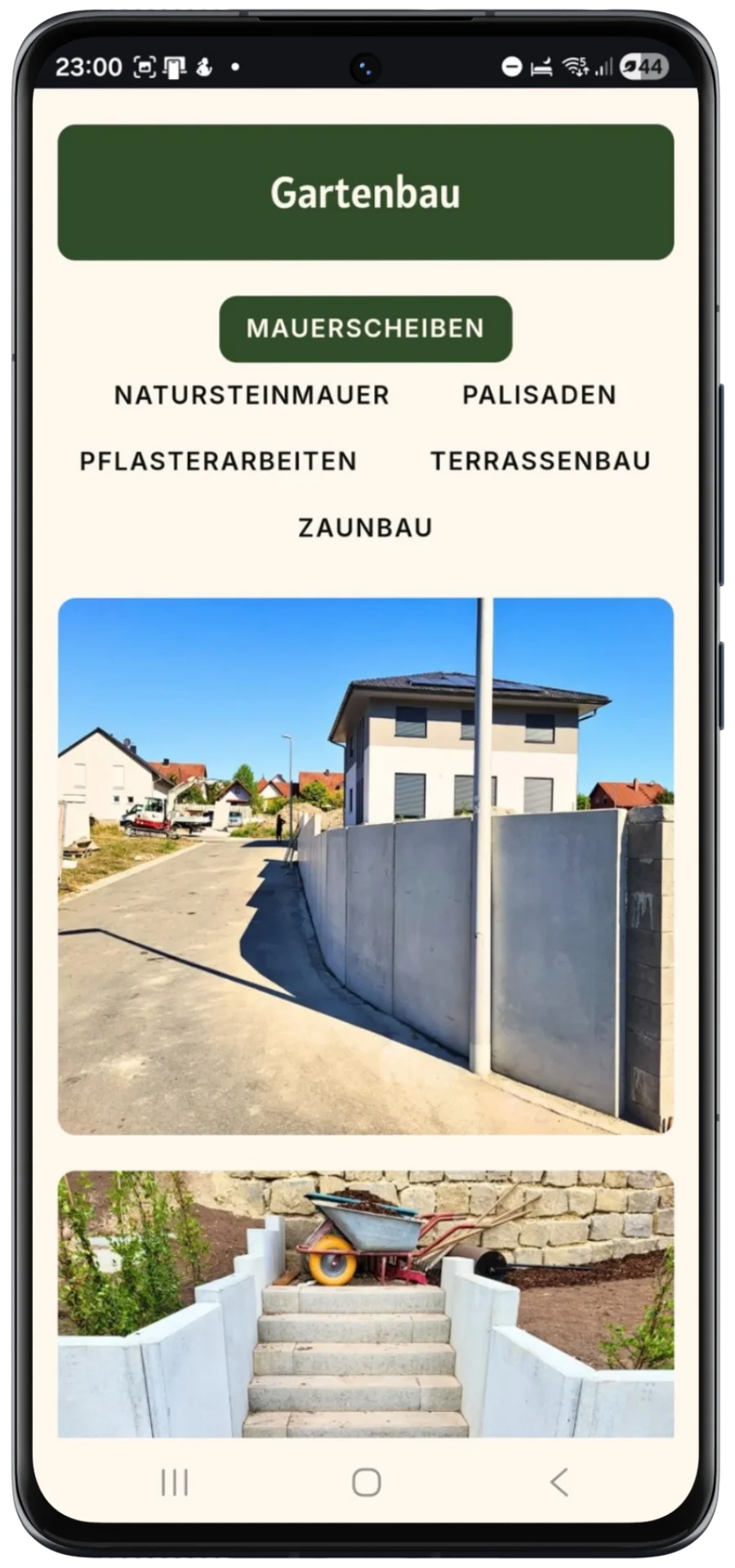 Mobile Galerieansicht mit Referenzprojekten zu Mauerscheiben, Treppenanlage und Einfassungen