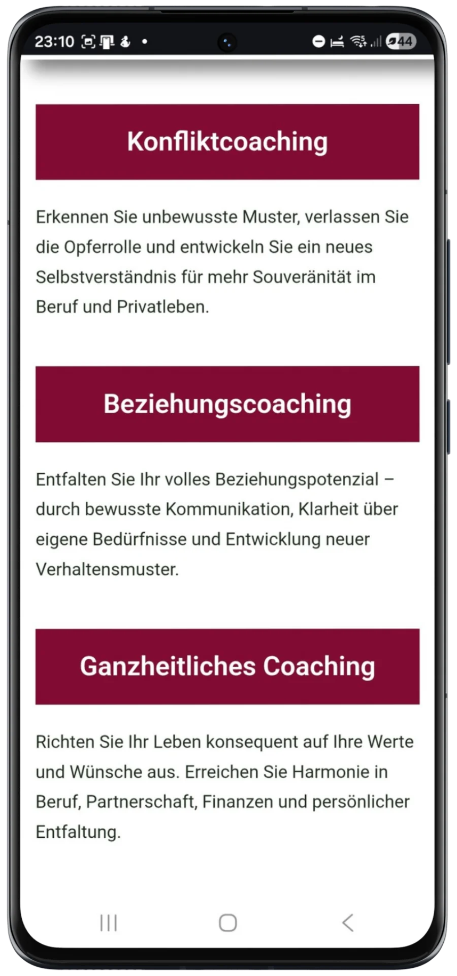 Mobile Übersicht zentraler Coaching-Schwerpunkte zu Konfliktlösung, Beziehungsgestaltung und ganzheitlicher Weiterentwicklung