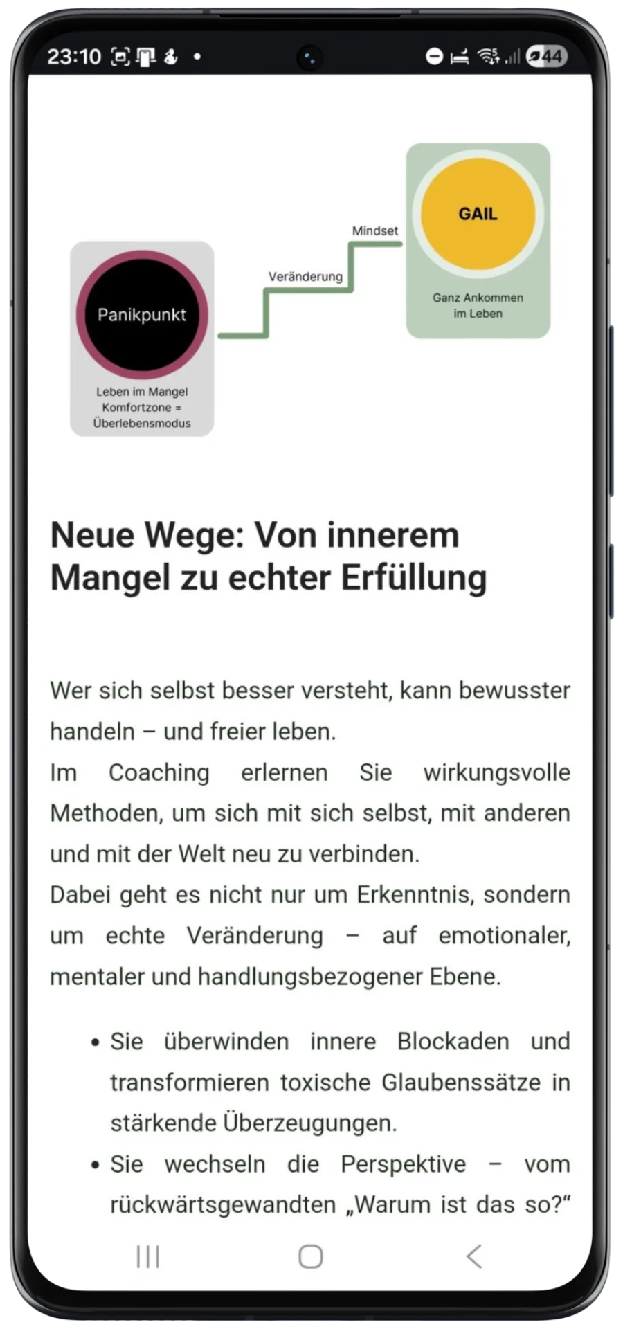 Grafik zur persönlichen Weiterentwicklung mit den Stationen Panikpunkt, Veränderung, Mindset und erfülltem Leben – Darstellung eines typischen Coaching-Prozesses