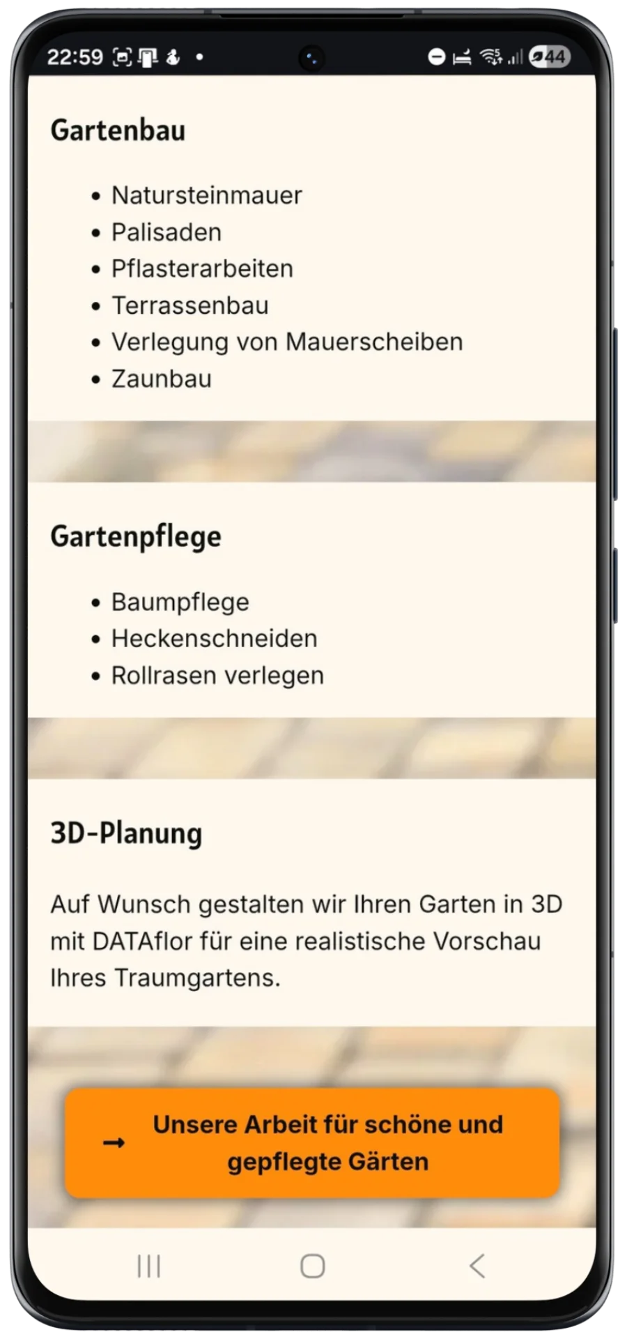 Mobile Leistungsübersicht mit Listen zu Gartenbau, Gartenpflege und 3D-Planung sowie auffälligem Call-to-Action-Button