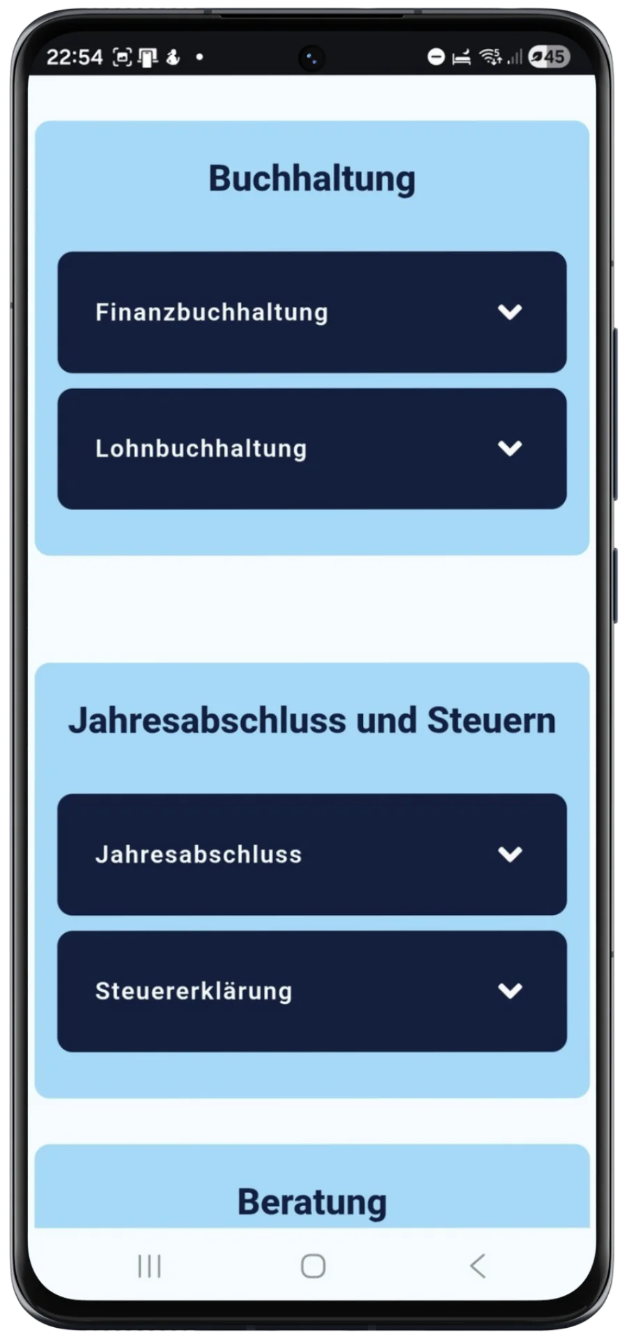 Mobile Ansicht eines Leistungsbereichs einer digitalen Steuerberatung mit Fokus auf Finanzbuchhaltung und Lohnbuchhaltung in übersichtlicher Accordion-Struktur.