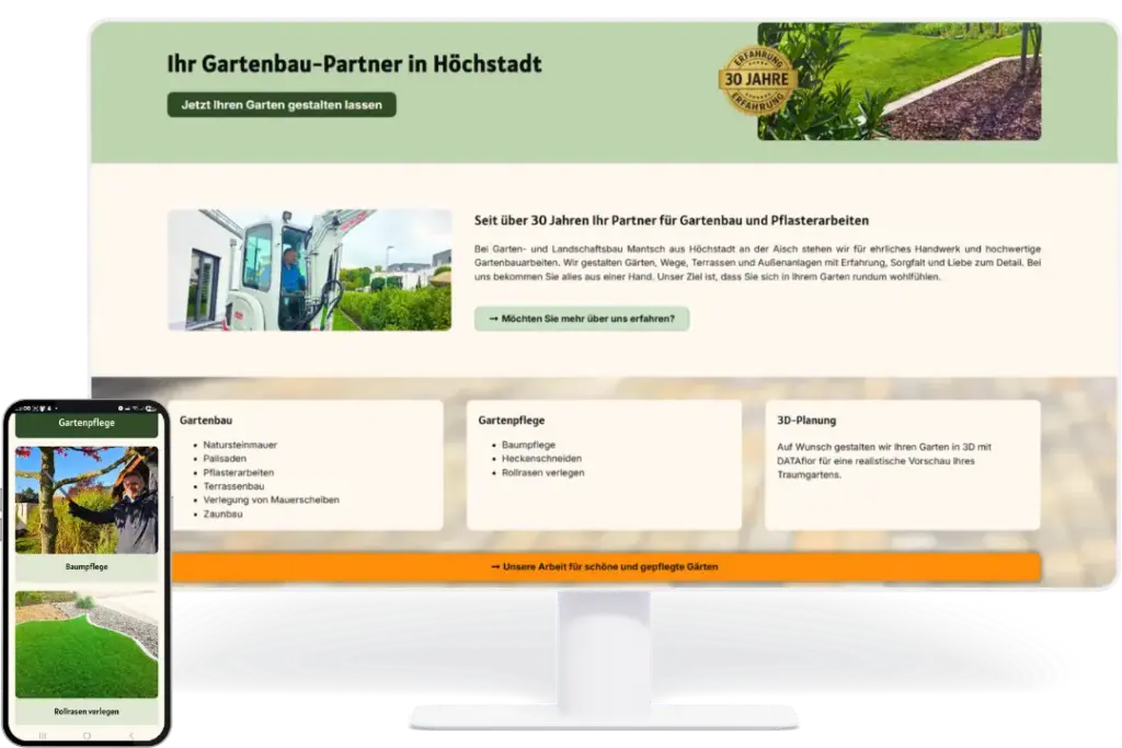 Responsive Website-Vorschau für Gartenpflege, Pflasterarbeiten und Gestaltung von Außenflächen mit mobiler und stationärer Ansicht