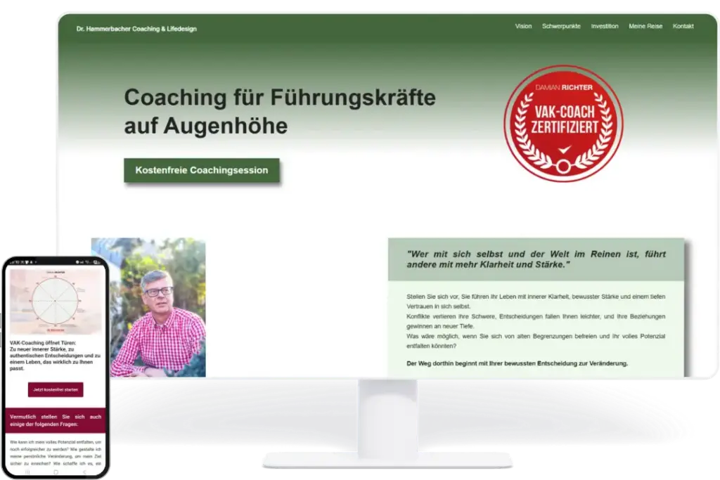 Responsive Coaching-Website im Desktop- und Mobile-Mockup mit persönlicher Bildsprache und klarer Nutzerführung.