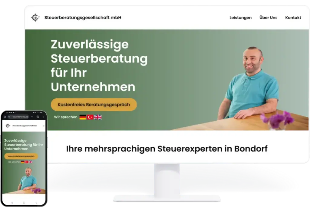 Modernes Webdesign für Steuerberatungsunternehmen. Präsentation einer mobiloptimierten Website mit professionellem Markenauftritt und responsivem Screendesign.