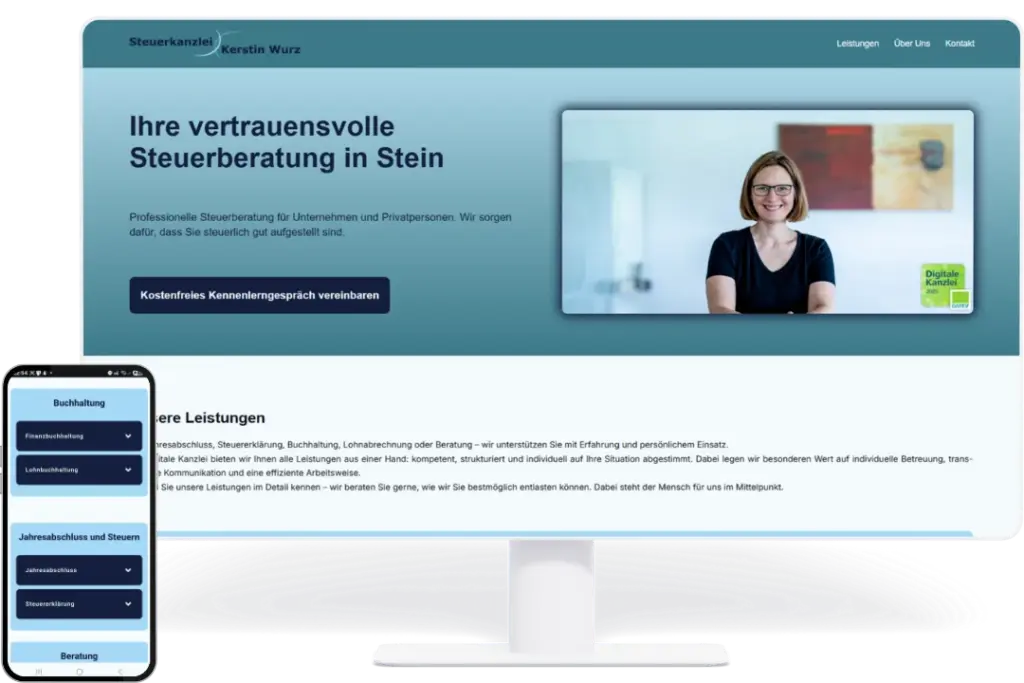Portfolio Darstellung eines responsiven Webdesign Projekts mit Desktopansicht der Startseite und mobiler Leistungsübersicht.