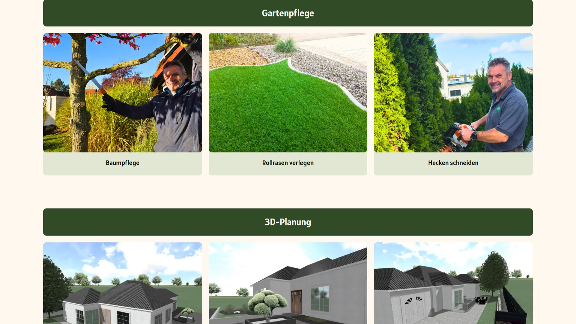Desktopansicht einer klar strukturierten Leistungsübersicht für Garten- und Außenanlagen mit Kategorien, Bildern und gut sichtbarem Call-to-Action