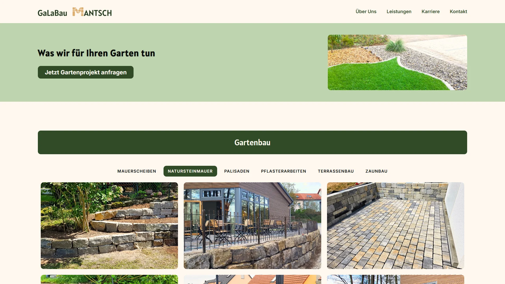 Desktopgalerie mit verschiedenen Projektbildern zu Außenanlagen, Mauerscheiben, Pflasterflächen und baulichen Gartenarbeiten