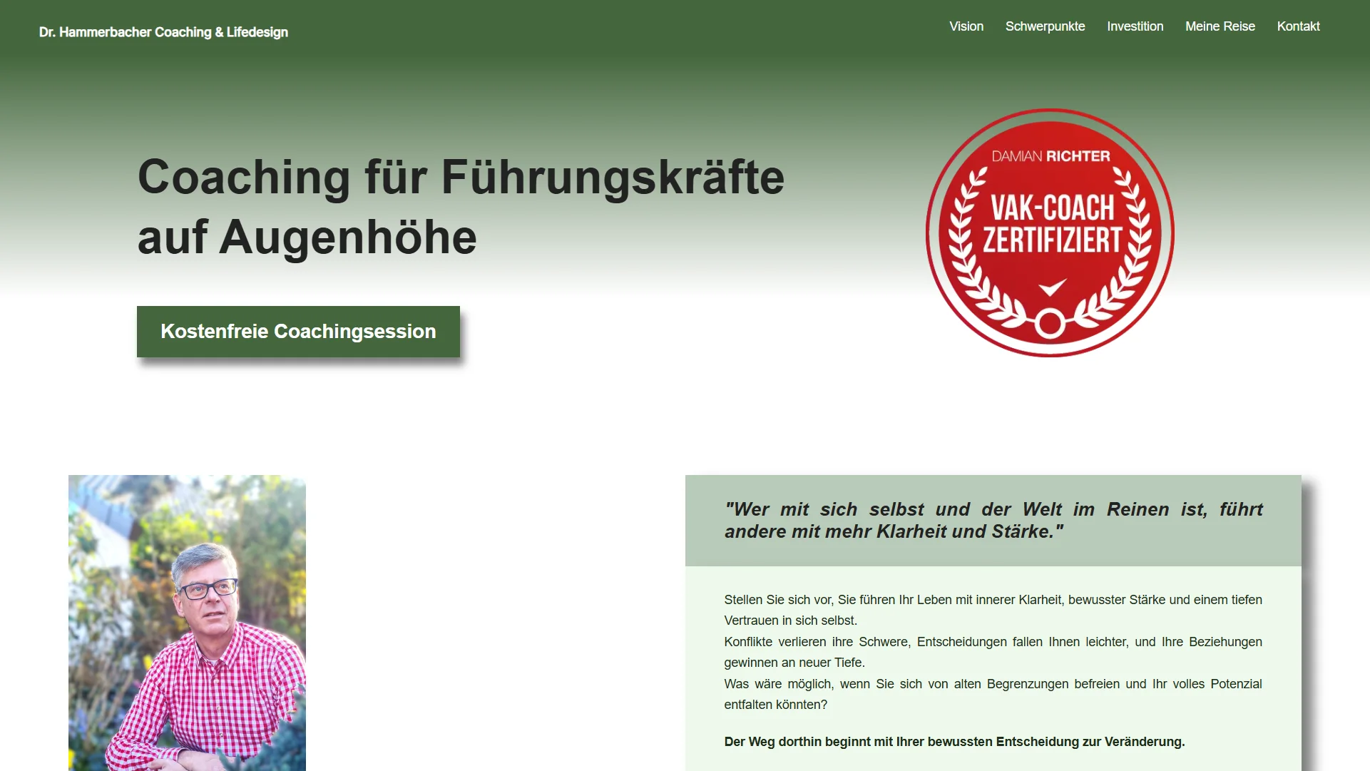 Moderner Hero-Bereich einer Coaching-Website für Führungskräfte mit Zertifizierung und Call-to-Action