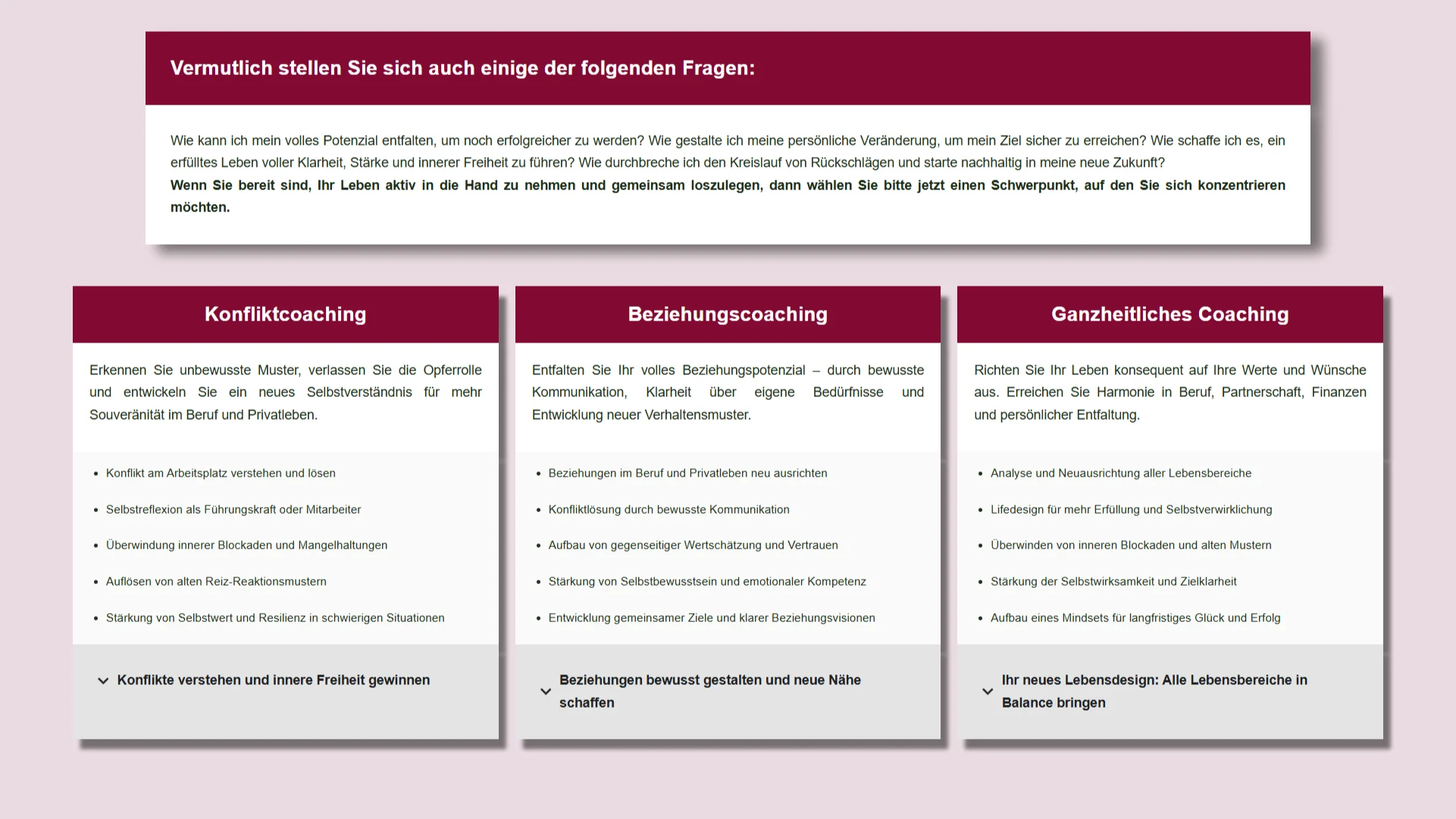 Übersichtliche Coaching-Leistungskarten für Konfliktcoaching, Beziehungscoaching und Persönlichkeitsentwicklung