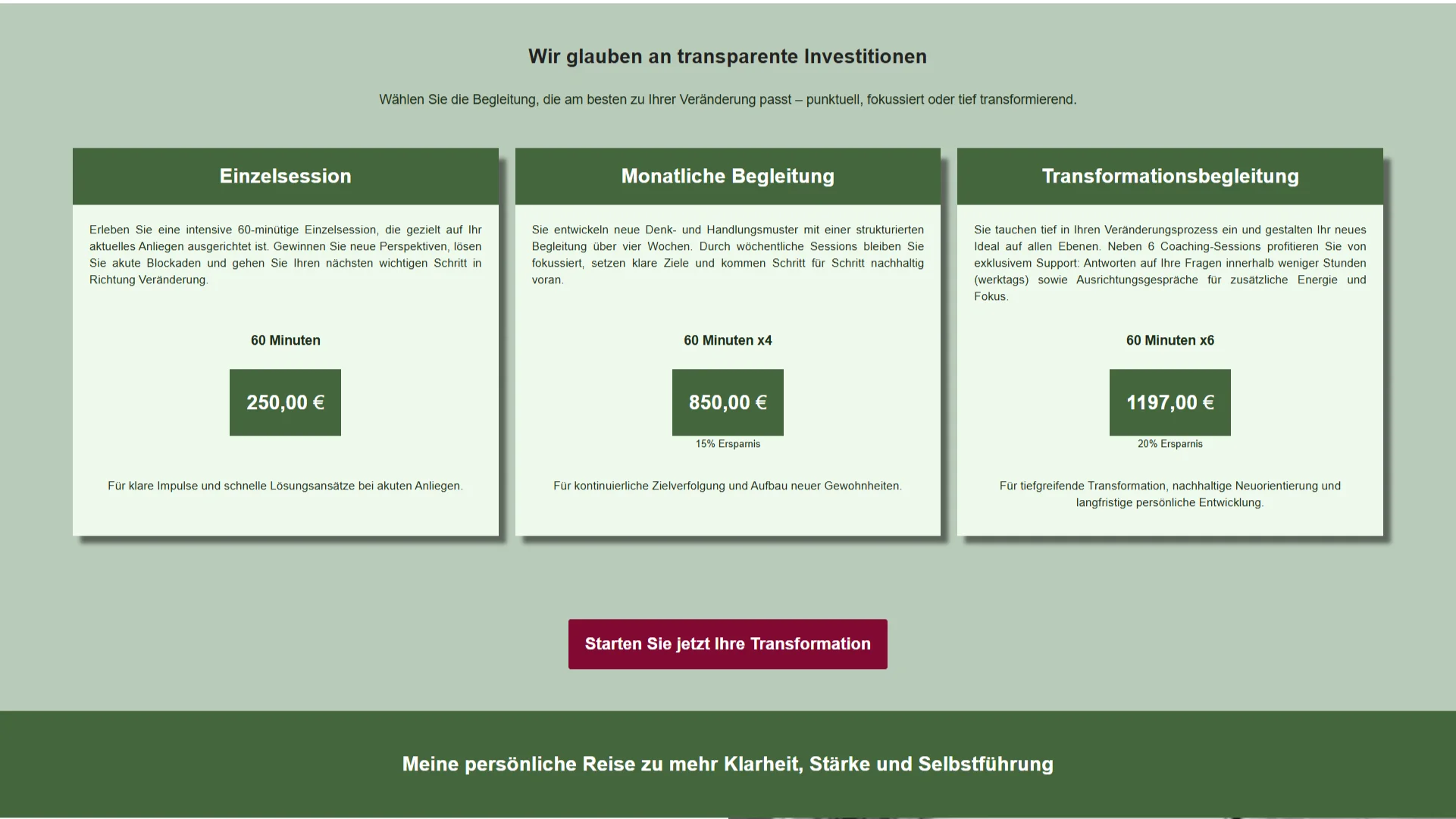 Transparente Preistabelle für Coaching-Pakete mit Fokus auf Einzelsession, Monatsbegleitung und Transformationsprozess