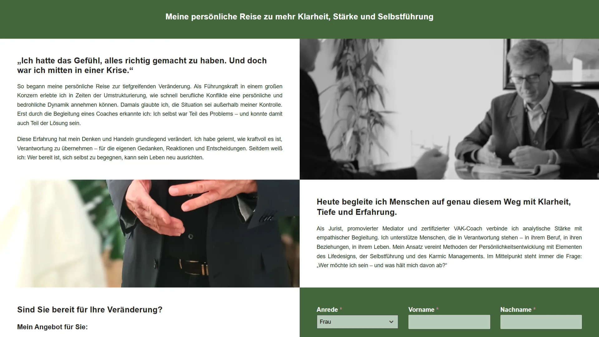 Persönliche Storytelling-Sektion einer Coaching-Website mit authentischen Fotos und biografischem Text