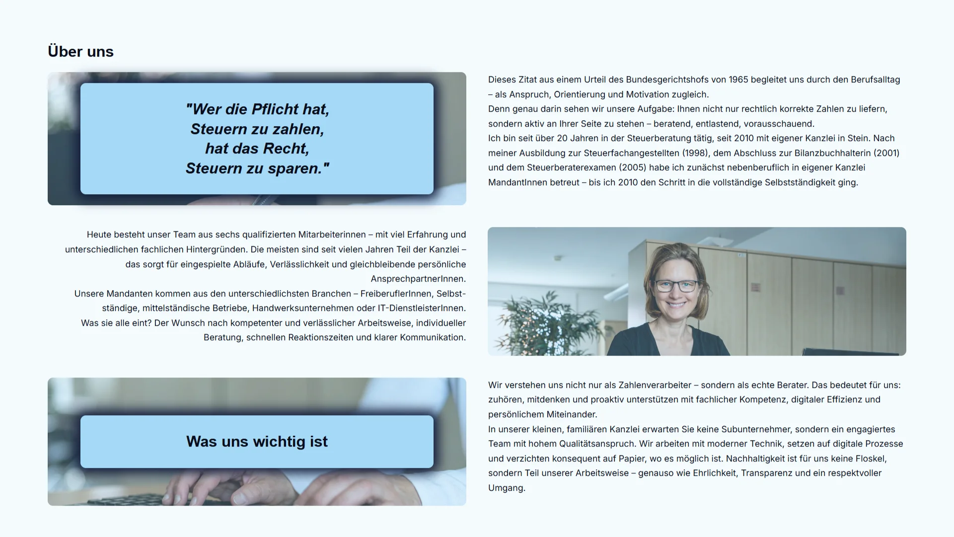 Modernes Unternehmensprofil mit persönlicher Vorstellung und Einblick in Beratungsphilosophie