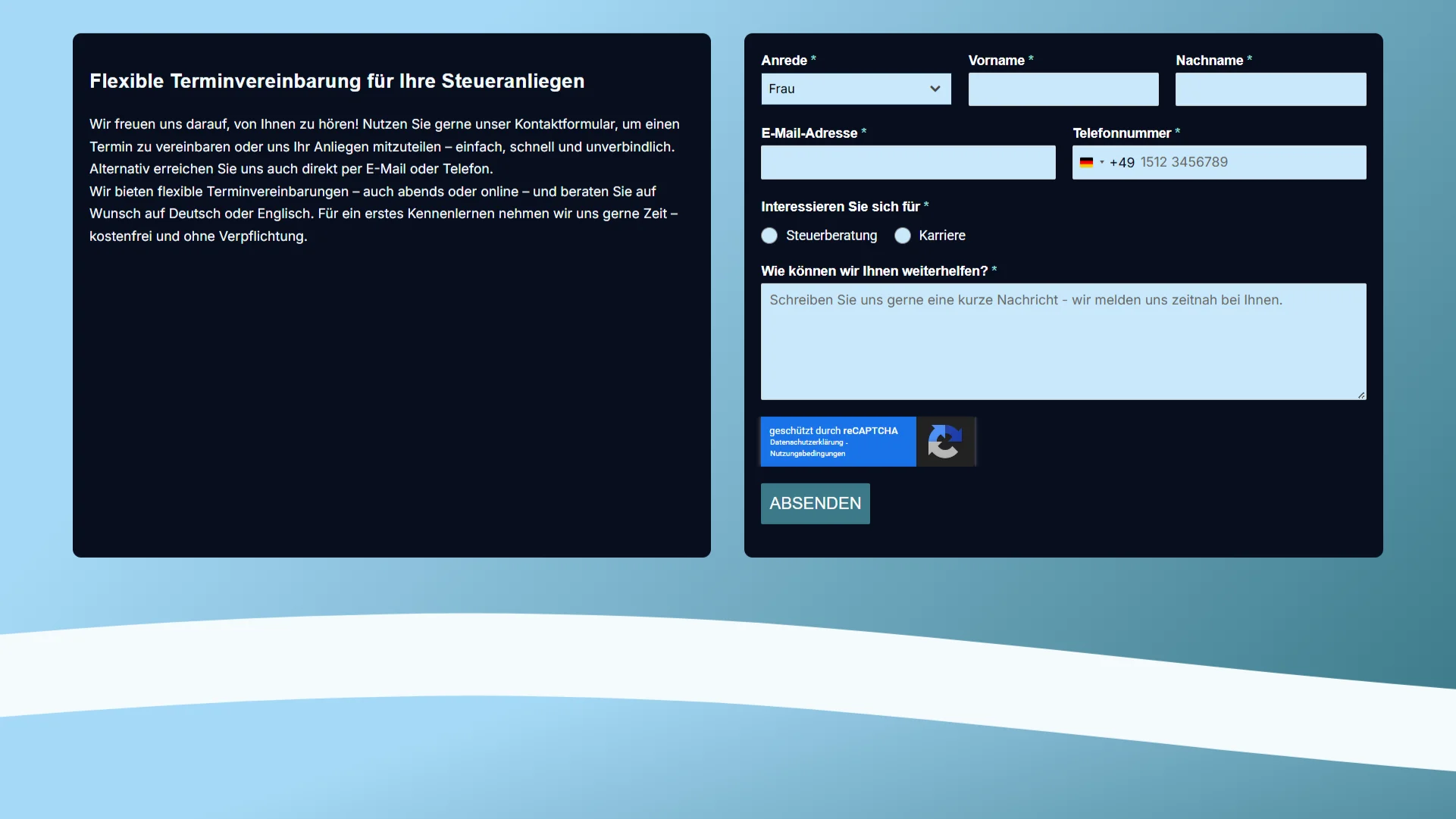 Strukturiertes Kontaktformular zur einfachen Terminvereinbarung für steuerliche Anliegen