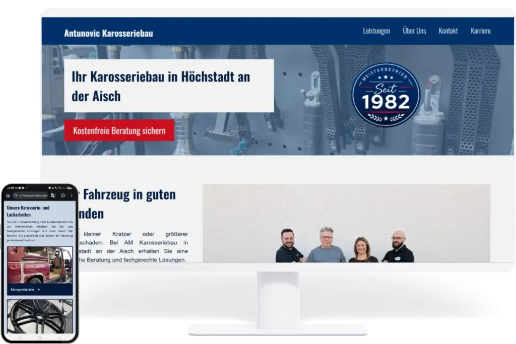 Responsive Website von AM Karosseriebau Höchstadt an der Aisch auf Desktop und Smartphone