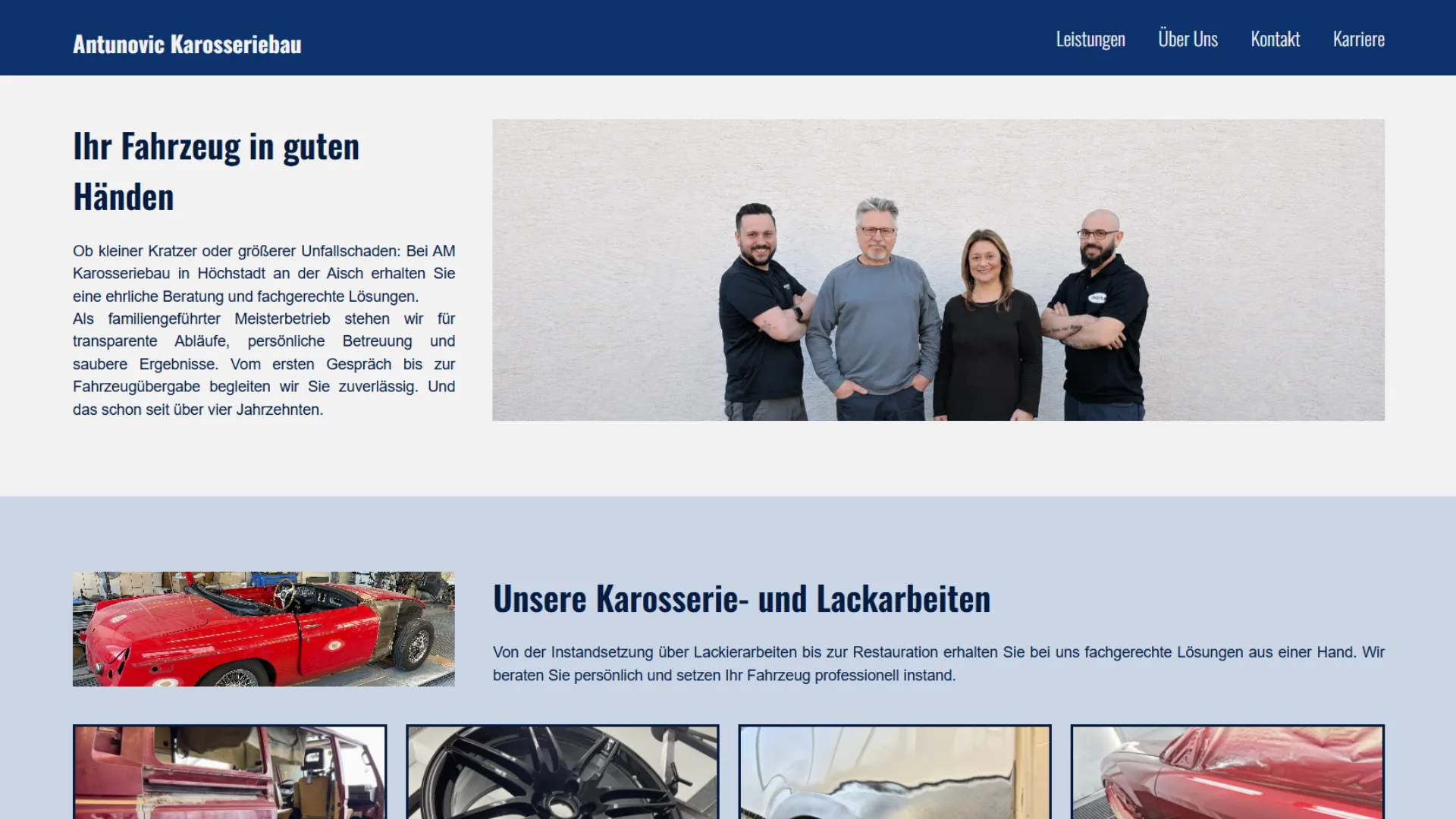 Über uns Bereich von AM Karosseriebau mit Werkstatt und Team