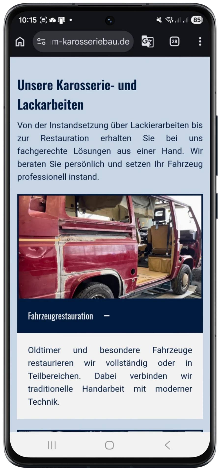 Fahrzeugrestauration und Oldtimer Restaurierung auf Smartphone