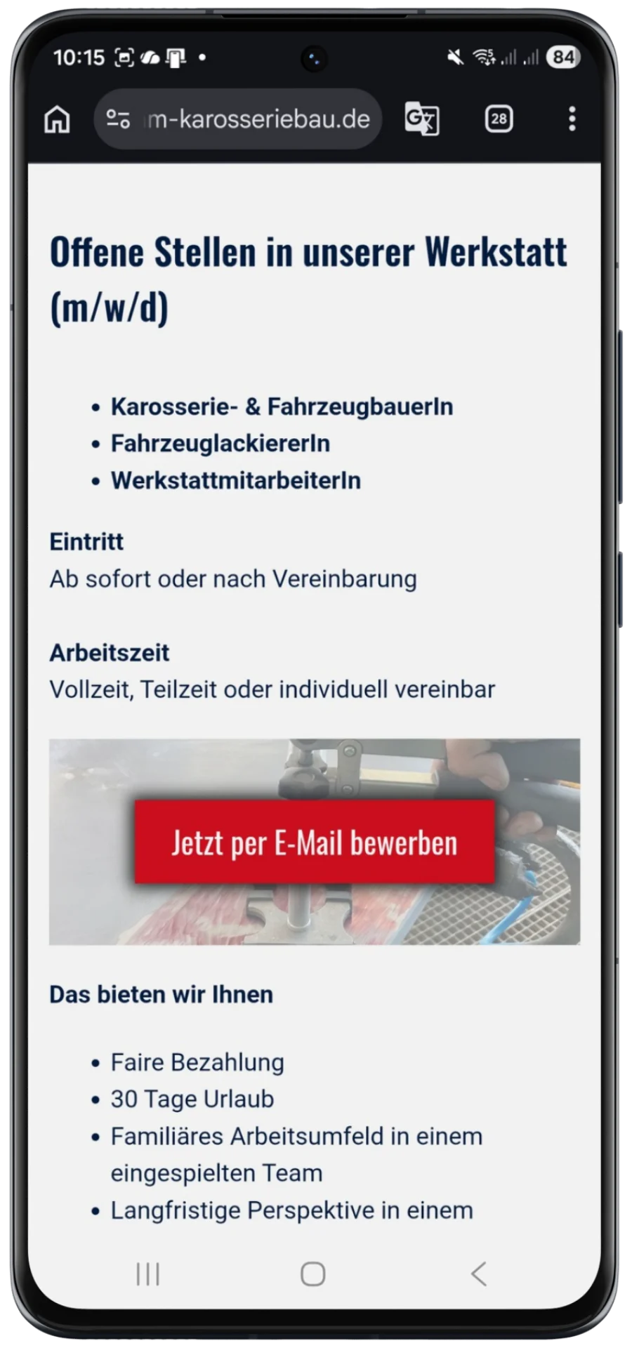 Karriereseite von AM Karosseriebau auf Smartphone